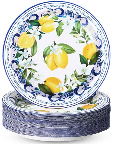Potchen 100 Pack Capri Lemon Party Plates Set 7 in Disposable Capri Lemon Party Dinnerware Supplies Lemon Birthday Party Decoration Blue Tiles Yellow Lemon Paper Plates Supplies Favor, Serve 100 Guest