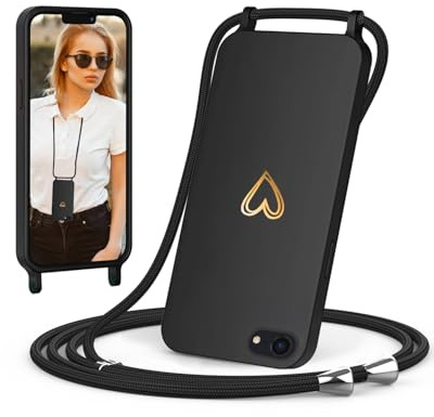 ScandiCasis Handykette für iPhone 7/8/SE 2020/SE 2022 mit Band, Handyhülle mit Schnur zum Umhängen, Weiche TPU Silikonhülle mit Band [Verstellbar] [Abnehmbar], Love Design Halskettenhülle, Schwarz