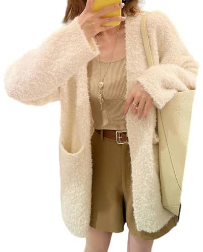 Cardigan Lavorato a Maglia in Filato Circolare di Nuovo Stile per Donna, Giacca Maglione Stile Pigro di Media Lunghezza di Fascia Alta Morbida e cerosa per Donna - Bianco Sporco - Taglia Unica