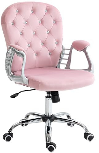 Vinsetto Sedia da scrivania imbottita in velluto girevole con braccioli regolabili in altezza e decorazioni a diamante Portata 120 kg Sedia da studio Sedia da camera 59,5x60,5x93-103 cm Rosa