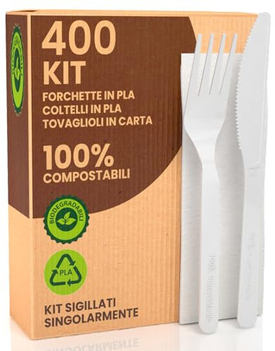 Set Ecologico Posate in Bioplastica Super Resistente [400 pezzi] - Biodegradabili e Compostabili - Forchetta, Coltello e Tovagliolo - Ideali per Feste ed Eventi