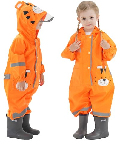Vckrio Bambini Tuta da Pioggia Impermeabile Ragazzi Arancione Tigre Modello Giacca Antipioggia con Strisce Riflettenti Portatile Tutina Pioggia Impermeabile Un Pezzo con Cappello per Bambino 1-2 Anni