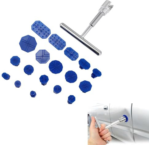 lekudo 19 strumenti di riparazione per ammaccature auto, 12 x 9,5 cm, estrattore a T con ventosa, accessori universali per la maggior parte delle auto (blu e argento)