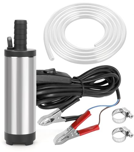 Pompe à Huile DC 12V 38mm Pompe Carburant Pompe Diesel Pompe Submersible Eau Pompe de Transfert avec Tuyau 5m Pompe Vidange Huile Moteur pour Voiture, Caravane, Bateau Marin (Clip Crocodile)