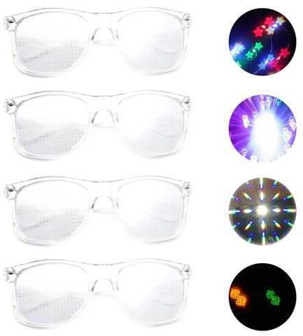 Laralily 4 Prisma Brille,Diffraction Glasses,Kaleidoskop Brille,Einzigartige Visuelle Beugungseffekte,Modisch und Tragbar,Ein Muss für Reisegruppen,die Ein Einzigartiges Visuelles Fest Schaffen