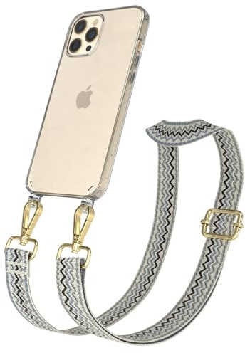 EAZY CASE Handykette - Verstellbares Taschenband kompatibel mit iPhone 12 Pro Max, Schulterriemen, Handykordel mit Silikon Hülle, Umhängetasche, Beige Blau Gold