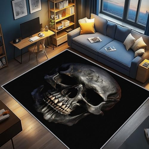 AevuCub Totenkopf Deko, Schwarz Gothic Teppich 60x90 Kurzflor, Kleiner Teppich Wohnzimmer Horror Skelett, Weich rutschfest Waschbare Teppiche, Bettvorleger Schlafzimmer Kinderzimmer