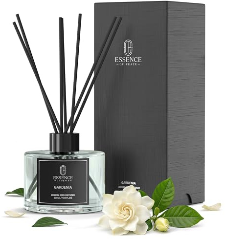 Reed Diffuser 200ml, Gardenia, Long Lasting Home Fragrance, Essential Oils | 200ml, 10-12 weeks lasting, 8 black fibre reeds, clear glass bottle, black gift box, flame-free, pet-friendly