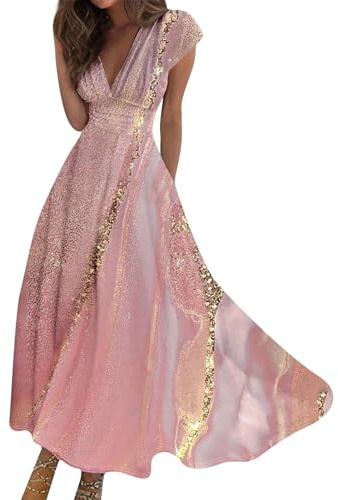 Maxikleid Damen Sommer Elegant Sommerkleid Lang A Linie Kleid Frauen V Ausschnitt Hohe Taille Kleider Tailliert Damenkleider mit Ärmel Sommerkleider Leicht und Luftig Strandkleid Schwingen
