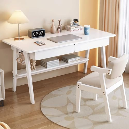 Holz-Computertisch Holz Kleiner Schreibtisch Mit Schubladen/Regalen Schminktisch & Schreibtisch Kombi Büromöbel for Wohnzimmer, Schlafzimmer, Büro, Gaming(White,80x55cm/31.5x22in)