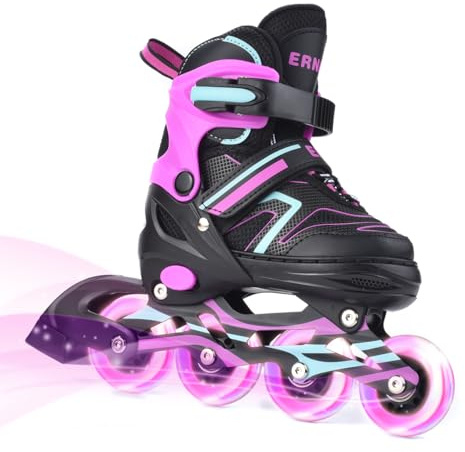 ERNAN Patines en línea Ajustables para niños y niñas con Ruedas de iluminación, para Principiantes y Jóvenes Patines de Ruedas para Niños Grandes en Exteriores e Interiores (Light Pink, L)