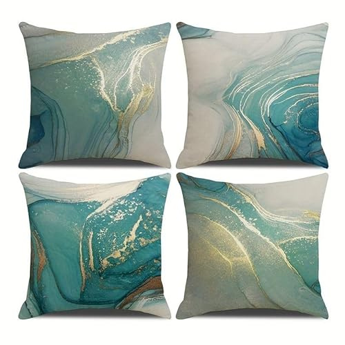 Hopomoon Kissenbezug 45x45 4er Set mit Marmormuster & Gold-Optik, Leinen-Optik Kissenhüllen Modern Abstrakt, Dekokissen Soft Sofakissen für Sofa Wohnzimmer Schlafzimmer, Blau Türkis Weiß