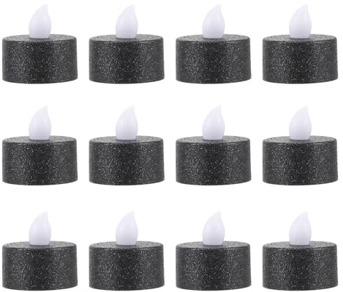 Generisch 12 Flammenlose LED Teelichter Schwarz mit Pailletten Kunststoff Batteriebetrieben Dekorative Kerzenlichter für Partys und Zuhause