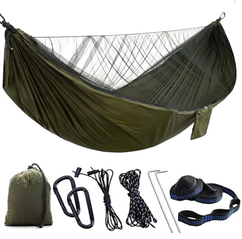 Hamac d'extérieur avec moustiquaire, hamac de camping, en nylon ultra léger, avec ferrures, capacité de charge de 300 kg, 290 x 140 cm (vert)
