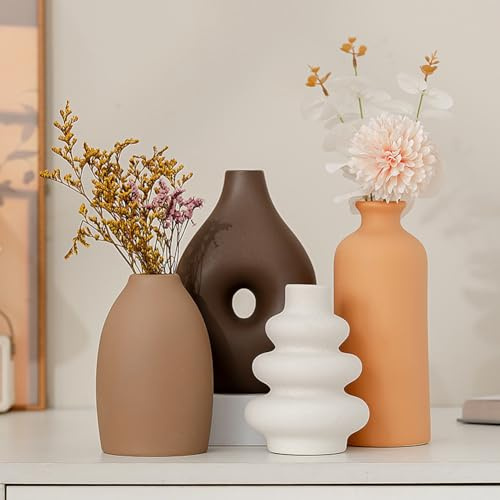 Keramik Vasen 4er-Set,Moderne Vase,Keramikvasen für die Inneneinrichtung,dekorative Vase für Pampasgras und Trockenblumen,Tisch,Bücherregal,Kaminsims und Eingangsbereich (Braun,Orange,Weiß,Erdgelb)
