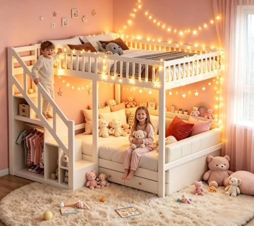 Etagenbett 90 x 200 cm für Kinder, Kinderbett Hochbett 90x200 mit Lattenrost und Stauraum, Funktionsbett Jugendhochbett 90x200 mit Treppe und Aufbewahrungsschrank (weiß, 90 x 200 cm)