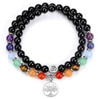 GEHECRST Edelstein Chakra Obsidian Armband mit Lebensbaum OM Lotus Damen Heilsteine Perlenarmband Doppelt Wickelarmband Glück Yoga Schmuck Spirituelle Geschenke für Frauen Freundin