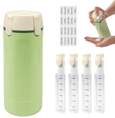 Dispensador de Viaje 4 en 1, 4 Botellas de 30 ml Recargables con Estuche | Antifugas, Botes Viaje para Artículos Aseo, Frascos de Viaje para Champú, Gel, Acondicionador y Cosméticos con Etiquetas