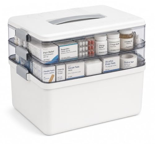 Stidyzo Medicine Storage Box, 3 Layer Medical Organiser Box | Large Medication Storage with Handle Case Container for Home, Travel, Office, Grey White