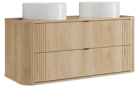 Vente-unique - Armario colgante con doble lavabo redondo – Color natural claro – L 120 cm – Filor