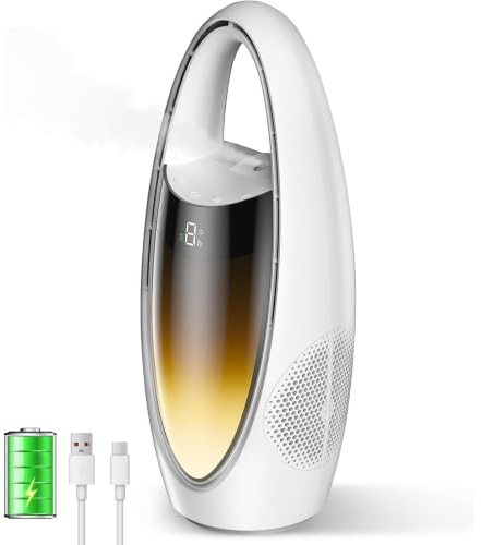 VOMI Rotorloser Tischventilator mit Sprühnebel, 4000-mAh-Akku | Rotorloser Akku-Tischventilator mit Sprühnebel, 9 Stufen, 60° Oszillation, 9-Stunden-Timer und LED-Nachtlicht