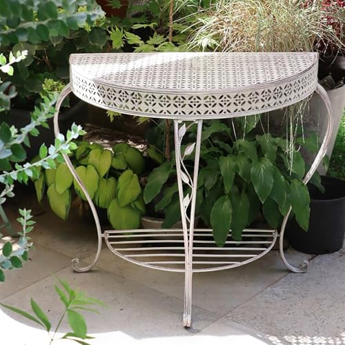YCCYHQ 2 Tier Wrought Iron Console Tables, Patio Plant Stand, Small Entryway Table, Half-Moon Terrace, Suitable for Garden(White)