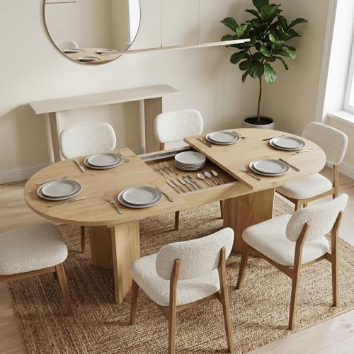 PLLBIKK Mesa De Comedor Redonda Extensible 160/200 X 90 X 75 Cm, Mesa De Comedor Oval Extensible, Mesa De Café Y Ocio, Para 6-8 Personas, Para Cocina, Salón (Color Roble, 160