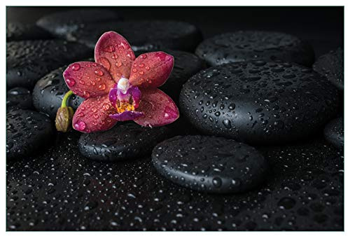 Wallario Küchenrückwand selbstklebend 90 x 60 cm, Motiv: Orchideen-Blüte auf schwarzen Steinen, benetzt mit Wasser-Tropfen | Spritzschutz abwischbar & pflegeleicht