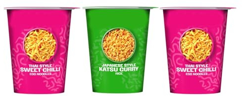 Thai Style Sweet Chilli Egg Noodles and Japanese Style Katsu Curry Rice Pot Snacks, Vegetarian, 78g,Pack Of 3