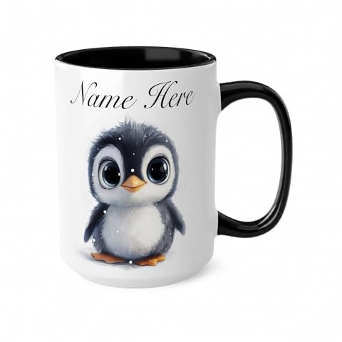 Personalised Penguin Mug, Custom Name Gift for Girlfriend, Cute Penguin Design Coffee Cup for Her, Unique Animal Lover Gift Idea for Women, Birthday or Christmas (Black 15oz, Mug)