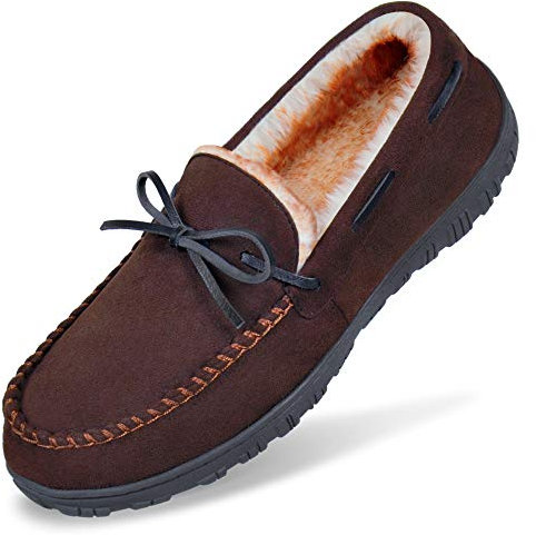 MIXIN Mens Moccasins Slippers for Men Warm Slip on Flats Shoes for Indoor Outdoor Brown Size 10