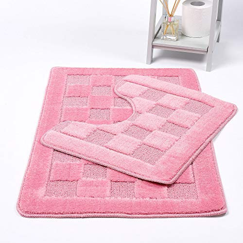 Ethel May Bath Mat & Pedestal Mat Chequered 2 Piece Sets Bath Mats for Bathroom Shower U-Shaped Contour Toilet Mat Plush Non-slip Antibacterial Rubber Back Rugs (Pink)