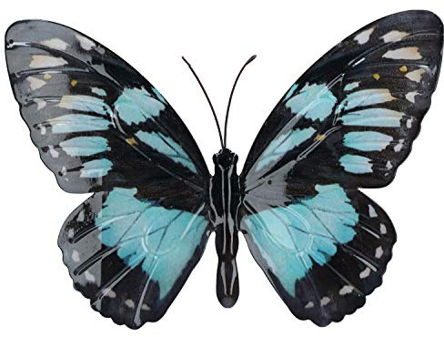 AB Tools Cyan/Light Blue & Black Metal Butterfly Garden/Home Wall Art Ornament 35x25cm
