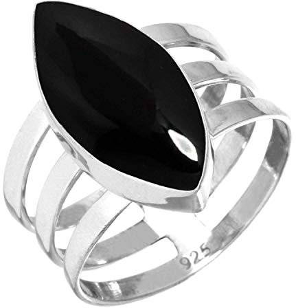 Jeweloporium Schwarzer Onyx Silberring Größe 60 (19,1), 925 Sterling Silber Ring für Damen, Echter Marquise Stein Handgefertigter Schmuck