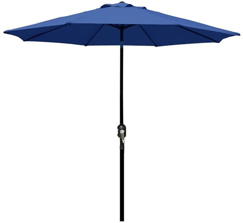 Blissun Sombrilla de patio al aire libre de 9 pies, sombrilla de mesa para exteriores, sombrilla de mercado con 8 varillas resistentes, botón de inclinación y manivela (azul marino)