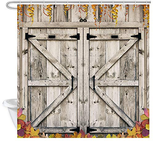 Ensemble de rideaux de douche en bois rustique pour porte de grange en automne, automne des feuilles d'érable sur la ferme, ensemble d'accessoires de salle de bain en bois gris, 183 x 183 cm, orange