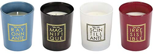 Home Deco Factory BO5444 Bougies Parfumées You Are Irrésistible Coffret de 4 Assorties Fleur de Coton Pots Bleu Blanc Bordeaux Noir Doré H6 x 10 x 27 cm