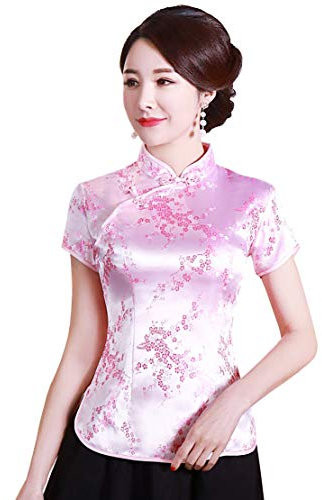 XueXian Camicetta cinese da donna in broccato di raso con fiore floreale Qipao top colletto alla coreana camicetta Tang Suit, rosa, 42