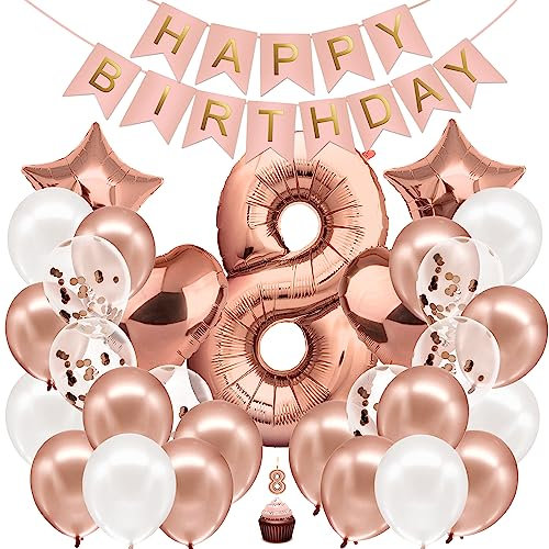 envami® Geburtstagsdeko Mädchen Rosegold Zahl 8. Happy Birthday Deko Geburtstag Mädchen Folienballon 8 Luftballon 8. Geburtstag Kindergeburtstag Deko