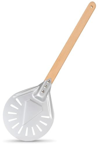 testyu Pelle a Pizza Ronde 7 Pouces, Pelle Pizza Perforée en Aluminium avec 40cm Longue Poignée en Bois Amovible Poignée Antidérapante, Pelle Tournante Pizza, Pain, Gâteaux