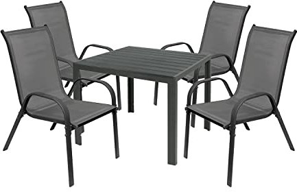 Mojawo Hochwertige Gartengarnitur 5-teilig Gartentisch 90x90cm Anthrazit Grau + 4 Stapelstühle Textilen Anthrazit