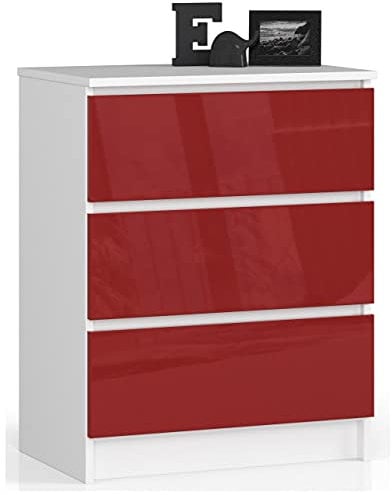 AKORD Kommode K60 mit 3 Schubladen | für das Wohnzimmer Schlafzimmer Schrank Büro Arbeitszimmer | Modernes Funktionales Design | B60 x H77 x T40 cm, Gewicht 25 kgWeiß/Rot Glänzend