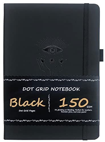 BUKE Gepunktetes Tagebuch – Punktraster-Notizbuch – 150 g/m² schwarzes Papier – 160 schwarze Seiten – für Damen und Herren – A5 PU-Leder Hardcover 14,6 x 21,6 cm und Geschenkbox (BKB-1)