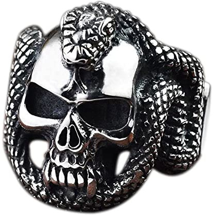 Myshiwu Skull Snake Ring 925 Sterling Silber Vintage Verstellbarer Biker Skull Ring für Herren (passt für Ringgröße 54 bis 65)