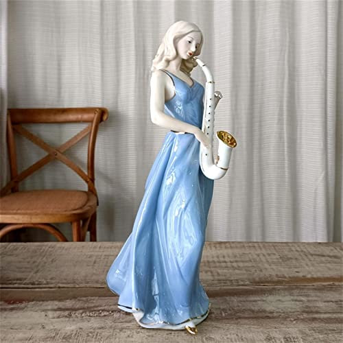 WMDSYGD Handgemachte Porzellan-Pub Saxophon-Spieler Mädchen Figur Keramik Saxistischer Raum Dekor Musiker Ornament Handwerk Geschenk Desktop-Statue (Color : Sky Blue)