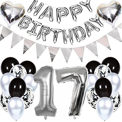 Ouceanwin Geburtstagsdeko 17 Jahre Mädchen Junge, Luftballon 17. Geburtstag Dekoration, Folienballon Zahl 17 Silber, Helium Ballon Happy Birthday Girlande für 17. Geburtstag Party Deko