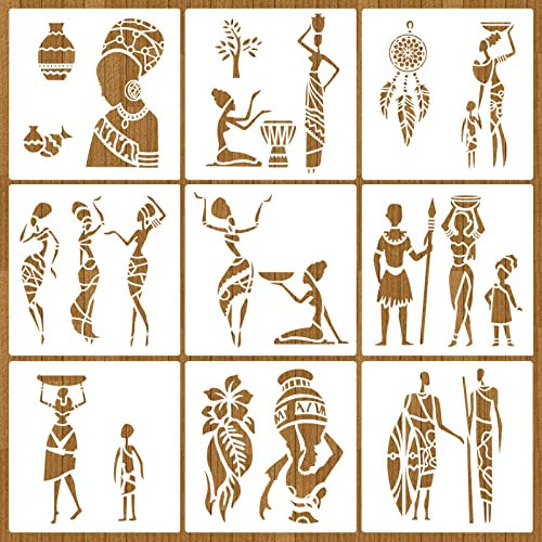 MWOOT 9 Stücke Afrikanischer Stamm Schablone, Wiederverwendbare DIY Schablonen Vintage, African Tribal Painting Stencils für Scrapbooking, Stein, Wand Dekoration, Schablonen für Kinder (20 x 20 cm)