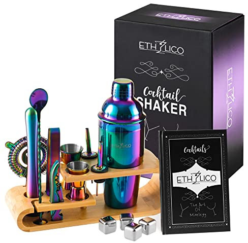 ETHYLICO Cocktail Shaker Kit | Barware Tool Set | Professional 15 piece Bartender Kit with Natural Bamboo Stand - 55 Cocktail Recipe Book Included - Rainbow