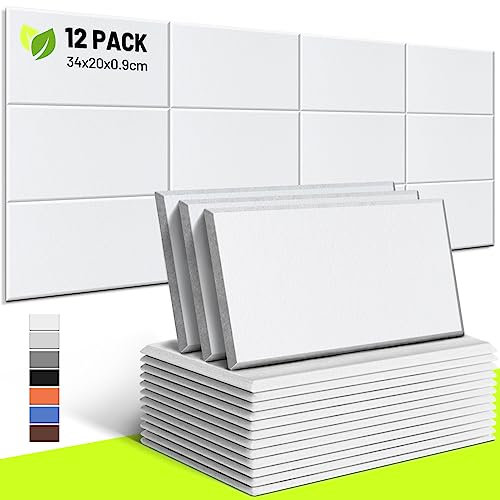 CAHAYA Acoustic Wall Panels 12 Pack 9 mm Thick Padded without Back Adhesive 34 * 20 cm Soundproof Insulation Panel Sound Absorbing Noise Reduction Panels for Office Door Walls, White CY0313-2