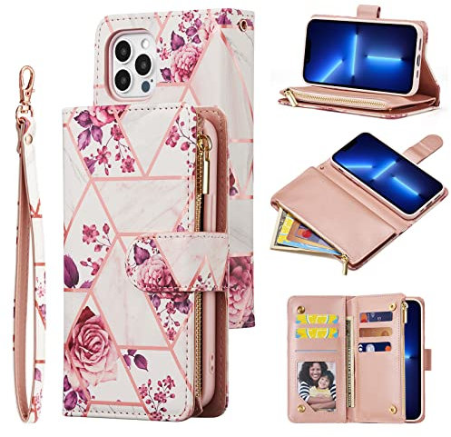 UEEBAI Wallet Case for iPhone 14 Pro 6.1 inch, Premium PU Leather Magnetic Closure Geometric Marble Handbag Zipper Pocket Case Kickstand Card Holder Slots Shockproof Flip Cover - Gold Pink Flower